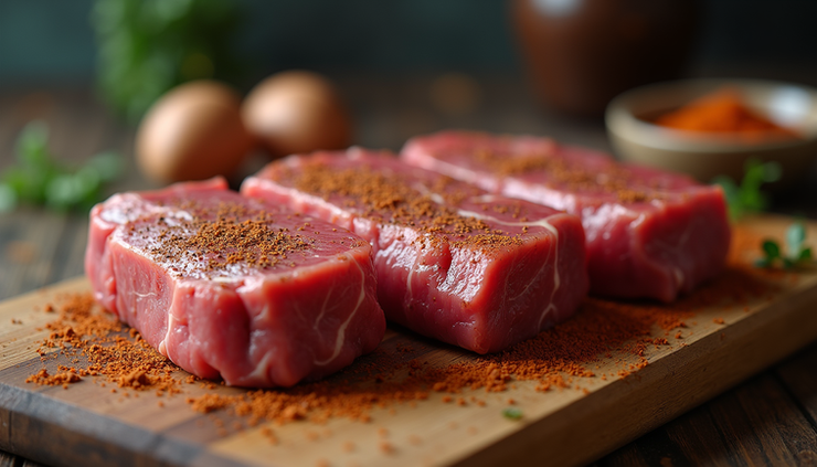 Eye-level view of marinated beef steaks with Smoking Blue Bonnet spice blend ready for grilling