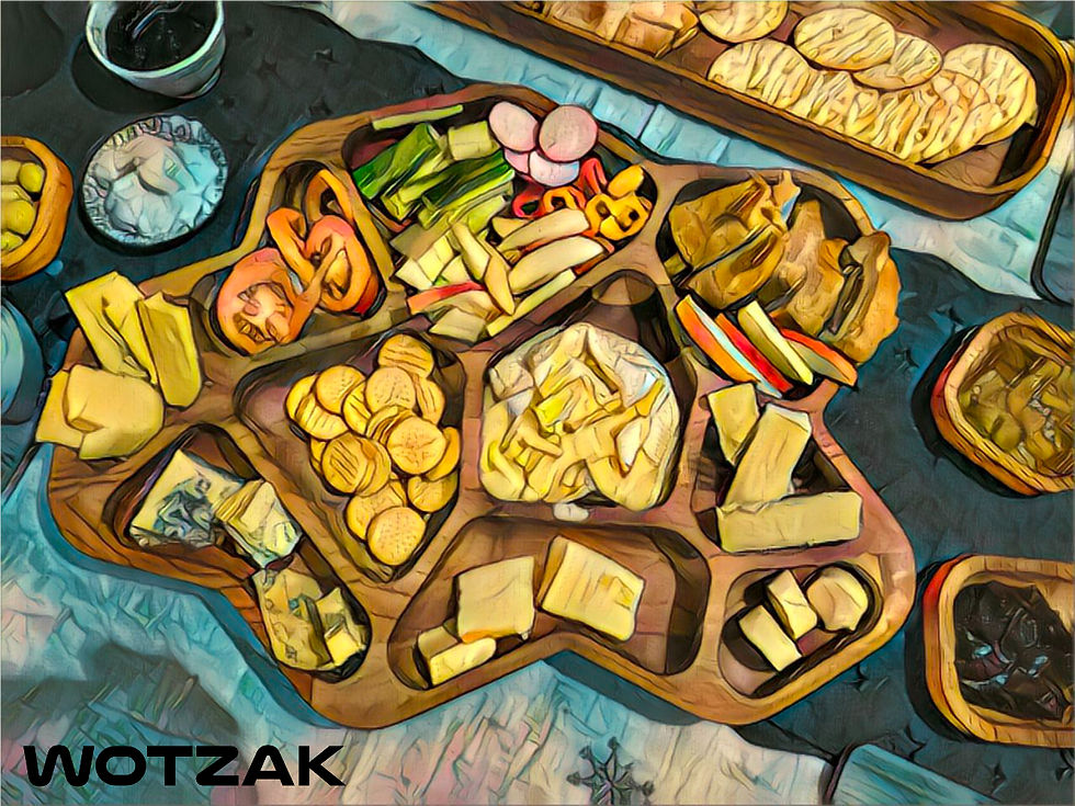 Sectioned walnut wood serving board with organic design, loaded with olives, tomatoes, savoury snacks, cured meats, cheeses, and dips.