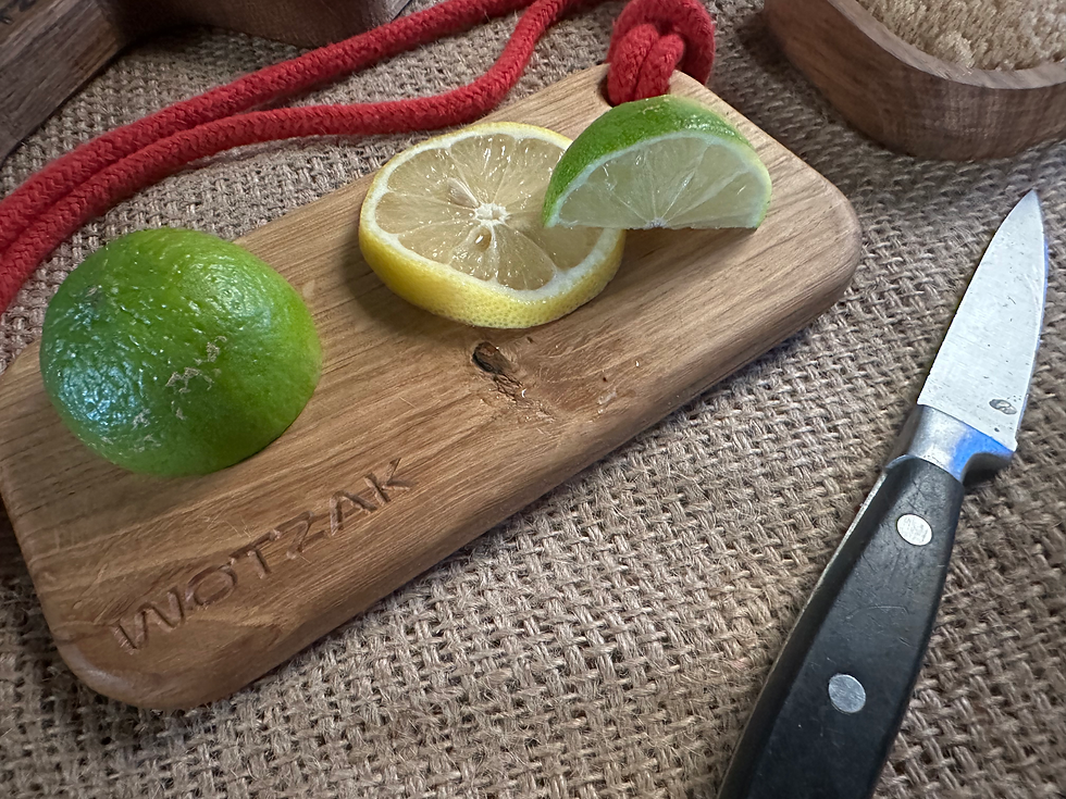 Funky pocket sized oak chopping board, lanyard & DMM carabiner. Bakpokchop is handmade by Wotzak for bar staff & backpackers
