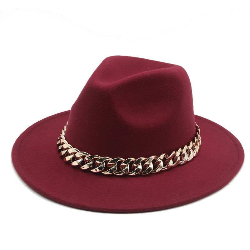 Thumbnail: Fedora Hats for Women Men Wide Brim Thick Gold Chain Band Felted Hat