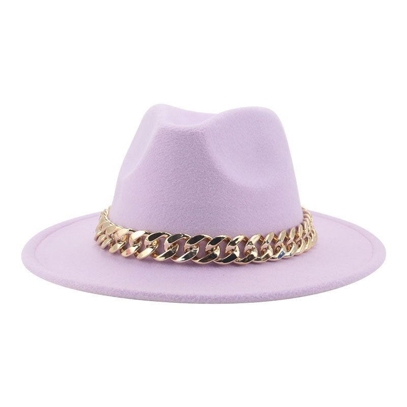 Thumbnail: Fedora Hats for Women Men Wide Brim Thick Gold Chain Band Felted Hat