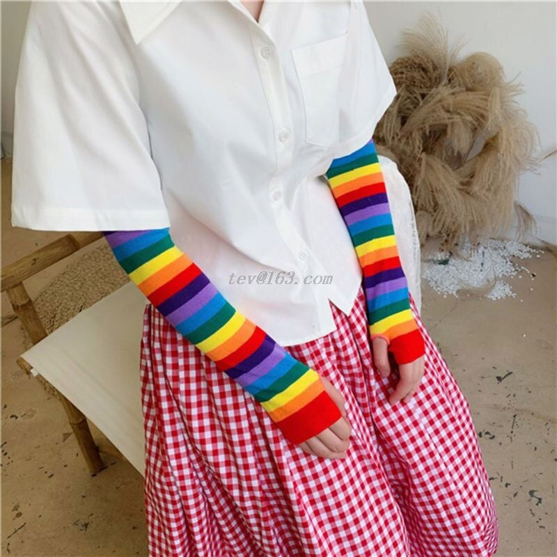 Thumbnail: Rainbow Colored Striped Knitted Elbow Length Fingerless Gloves Arm Sleeve Warmer