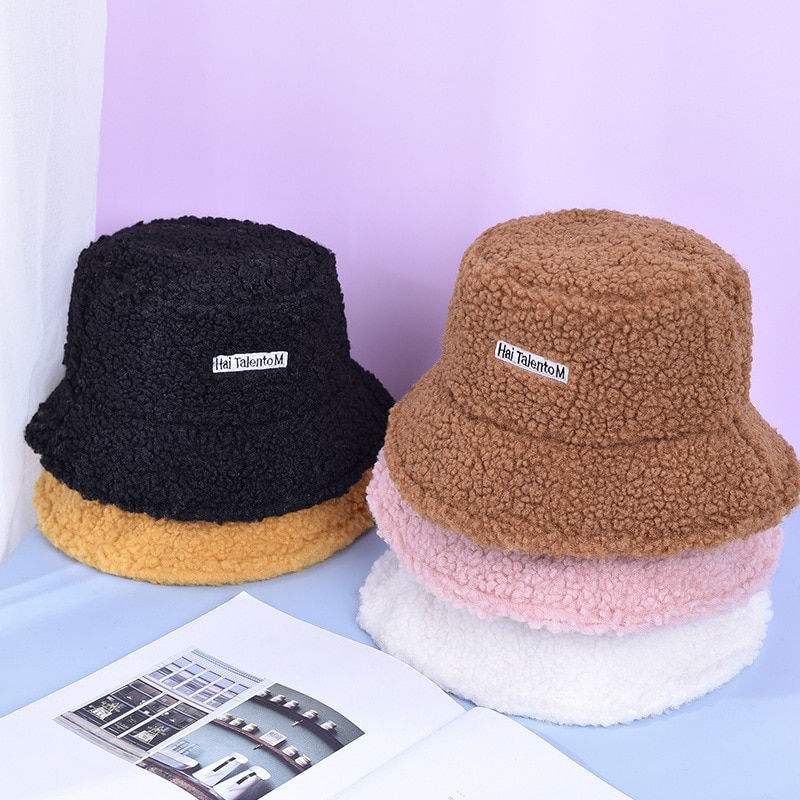 Thumbnail: New Women Winter Hats Bucket Hats Soft Lamb Plush Soft Warm Fisherman Hat 
