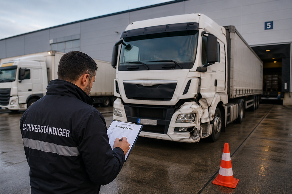 Sachverständiger dokumentiert einen beschädigten LKW an einer Laderampe im Logistikbetrieb für ein unabhängiges Schadengutachten.
