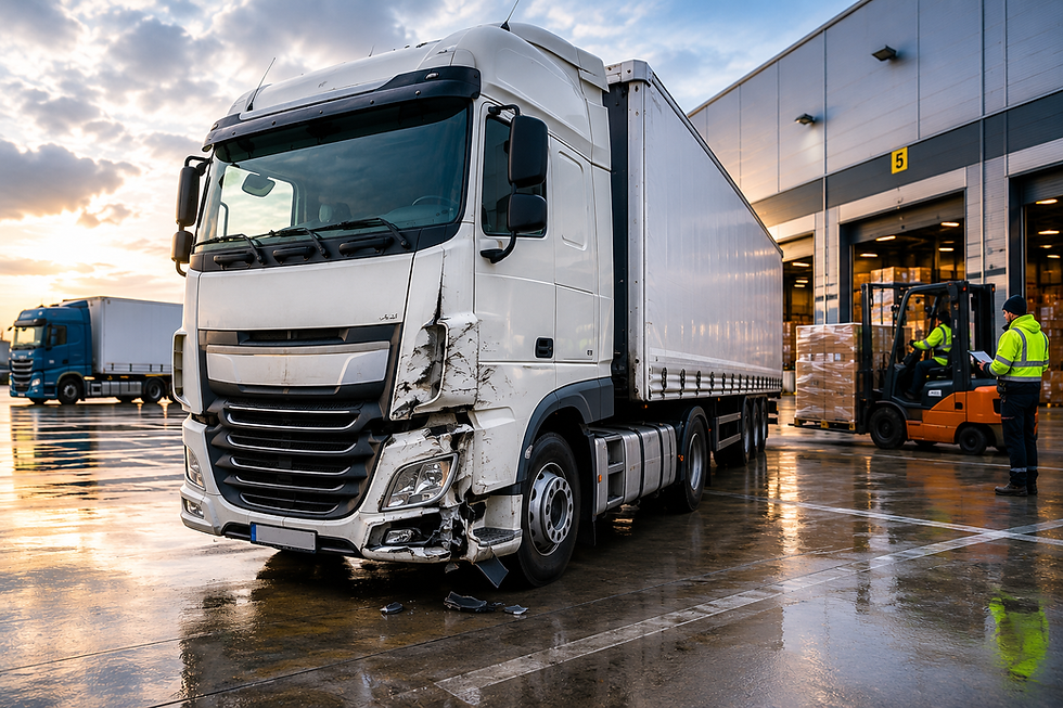 Beschädigter LKW an einer Laderampe eines Logistikzentrums während der Schadenbegutachtung für Speditionen und Transportunternehmen.