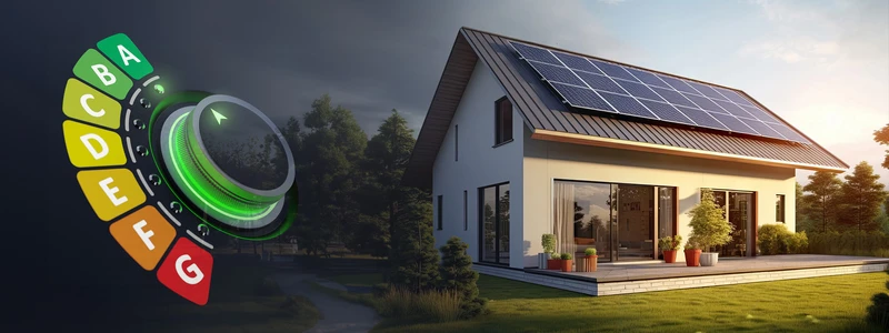 Maison avec panneaux solaires et étiquette énergétique. Rénovation énergétique pour une maison éco-responsable.