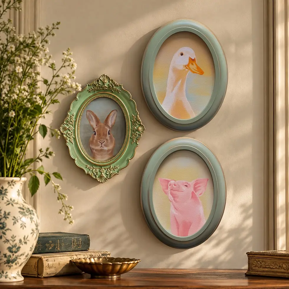 Composição de três retratos de animais em molduras verde-claro sobre parede em tom neutro.