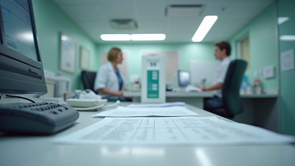 Eye-level view of a medical office billing desk with organized paperwork
