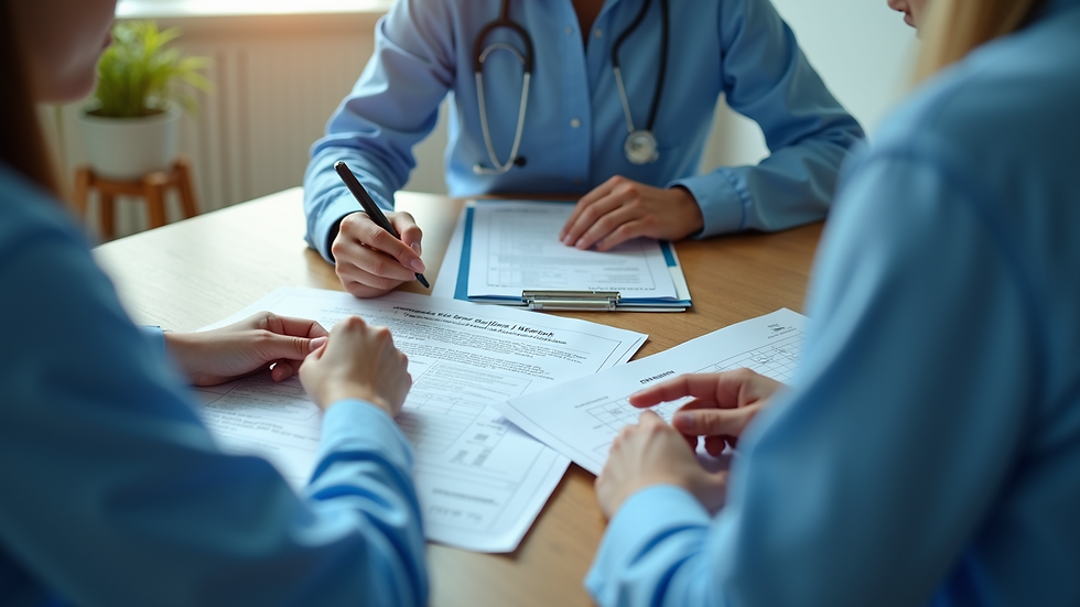 High angle view of a medical billing team reviewing claim denials