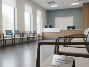 Empty waiting room with aligned chairs, a sign reading "APPOINTMENT SCHEDULED" on a seat. Modern decor, soft lighting, serene mood.
