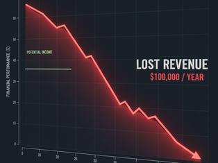 Line graph with red trendline declining over time, labeled "Lost Revenue $100,000/Year," on dark background. Text "Potential Income" visible.