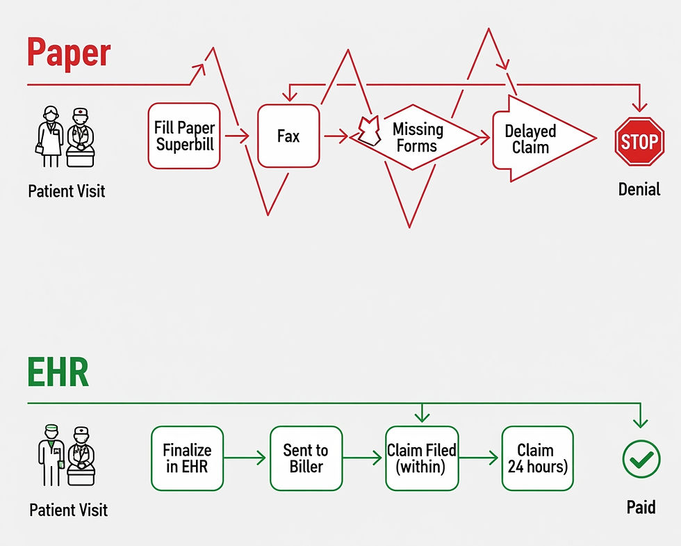Comparison diagram of paper vs. EHR processes. Paper: complicated, delayed claims, denials. EHR: streamlined steps, claims paid swiftly.