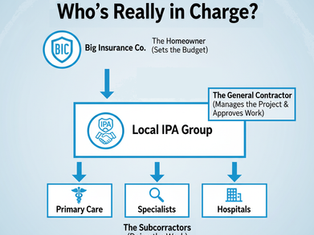 Flowchart showing care and money flow in an IPA plan: patient, insurance, IPA, physician. Arrows indicate how payments and requests flow in an IPA setting.