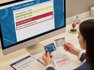 Woman at desk, holding Medicare cards, looks at computer showing eligibility verification. Note reads "DENIED CO-24". Office setting.