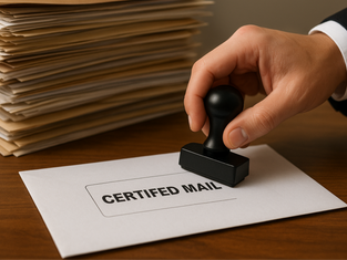 A hand stamps "CERTIFIED MAIL" on an envelope. Background shows a stack of tan folders on a wooden table. Mood is formal and professional.