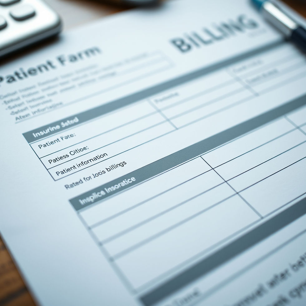 Close-up of a patient billing form with sections for insurance details and patient information. A pen lies nearby. Soft lighting creates a professional mood.