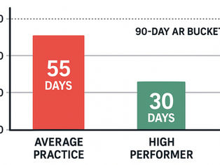 Bar chart compares two figures: 55 days for "Average Practice" in red and 30 days for "High Performer" in green, titled "90-Day AR Bucket."