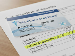Medicare card on an insurance statement showing zero patient responsibility, highlighted in yellow, on a wooden surface.