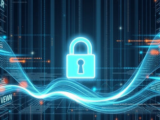 Glowing lock icon against digital background with blue waves and abstract data. The text "SEART VEVVN" visible, suggesting cybersecurity theme.