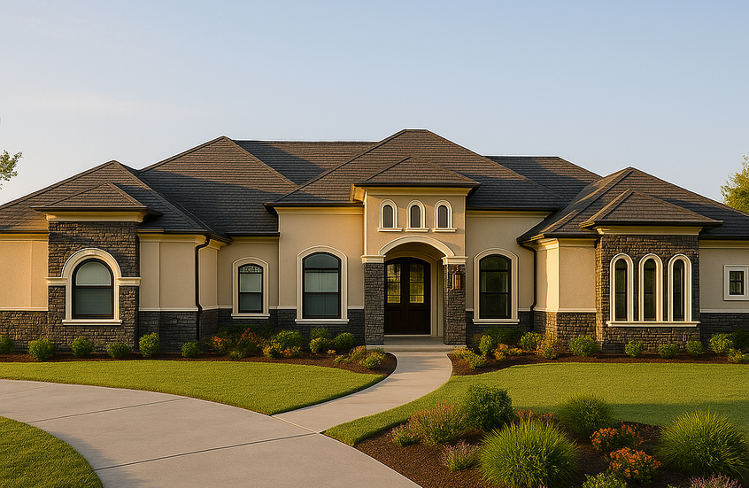 Luxury Mediterranean-style home render with arched windows, dark stone siding, and elegant landscaping – custom home design in Hidalgo and Cameron County, Texas.
mediterranean-home-render, luxury-home-design-Hidalgo, Cameron-County-mediterranean-house, custom-elegant-home-TX, arched-window-home-South-Texas