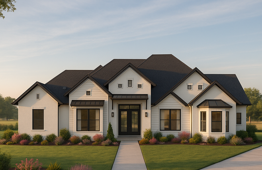 Elegant modern farmhouse design with a spacious layout, high-pitched rooflines, and detailed landscaping. A popular choice for clients across Hidalgo County and Cameron County.
modern-farmhouse-home-Texas, one-story-custom-home-render, Hidalgo-County-home-design, Cameron-County-farmhouse-style, South-Texas-house-rendering