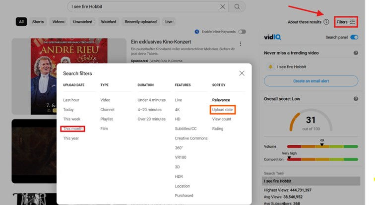 YouTube search and filter function