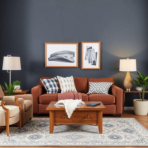 Bright and airy living room with thoughtfully arranged furniture, capturing the uplifting spirit of a fresh start through downsizing.