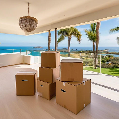 A luxurious home with coastal vistas features moving boxes ready for relocation