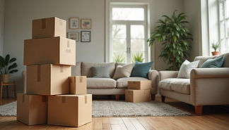 Staged in a welcoming living room, boxes packed by local movers reflect the excitement of moving in Naples