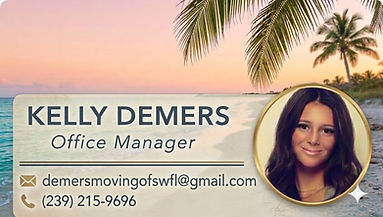 Demers Moving business card showcasing a vibrant Florida theme with essential contact details.