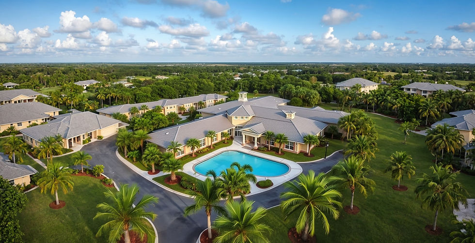 A luxurious Florida senior assisted living facility, highlighted by vibrant greenery and sophisticated design elements.