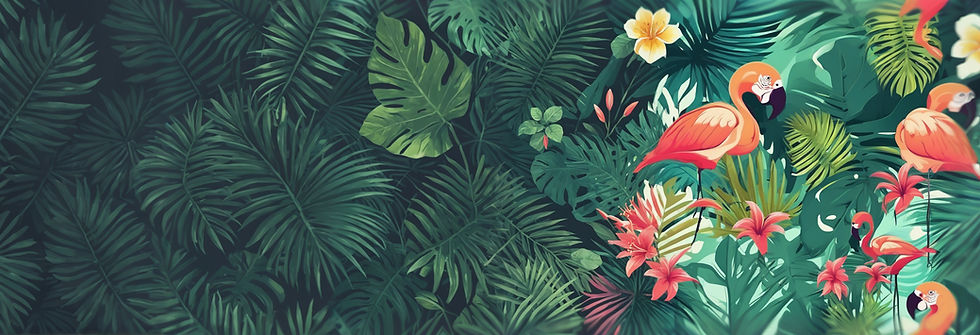 A vibrant scene of pink flamingos resting on lush green leaves, showcasing a tropical and lively atmosphere