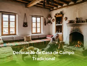 decoração de casa de campo tradicional com elementos rústicos, como fogão à lenha, móveis de madeira e tecidos artesanais, criando um ambiente acolhedor e autêntico.