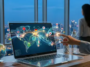 Küresel konteyner limanı manzaralı ofiste, tablet ve dizüstü bilgisayarda dünya haritası verilerini ve B2B ihracat için dijital pazarlama stratejilerini analiz eden profesyonel ekip.