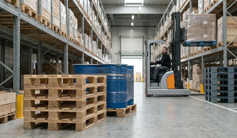 Modern bir endüstriyel depoda, kimyasal varillerle dolu CP palet ve forklift operasyonları.