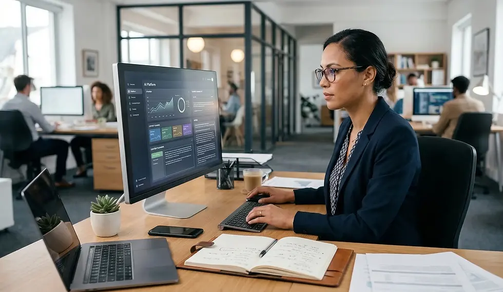 Dizüstü bilgisayar başında yapay zeka ile içerik üretimi yapan bir dijital pazarlama uzmanı.