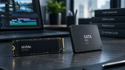 NVMe SSD ve SATA SSD depolama çözümlerinin hız ve kullanım farklarını gösteren kurumsal teknoloji görseli.