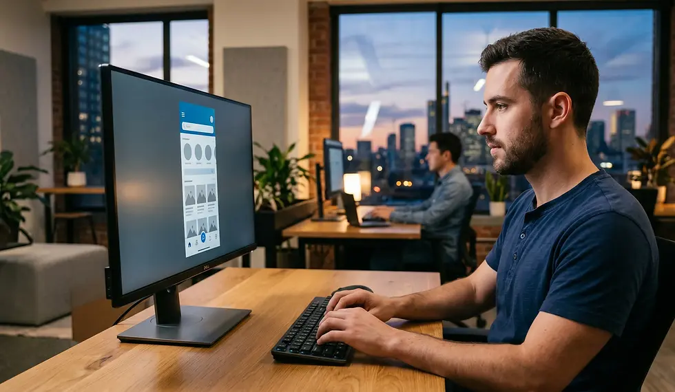 Bilgisayar başında web sitesi arayüz tasarımı ve kullanıcı deneyimi süreçleri üzerinde çalışan erkek UI UX tasarımcısı.