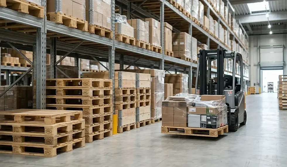 Modern bir depoda forklift, yüksek raf sistemleri ve ahşap paletlerle işleyen kusursuz bir sanayi tedarik zinciri sistemi.