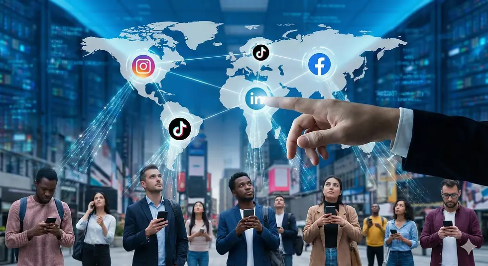 "Sosyal medya reklamları sayesinde küresel hedef kitleye ulaşmayı ve dijital platformlar arası bağlantıyı simgeleyen konsept görsel."