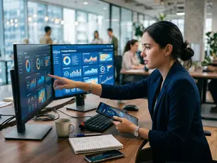 Modern bir ofis ortamında iki monitör üzerinde veri analizi ve kampanya performansı grafiklerini inceleyen profesyonel bir kadın analist.