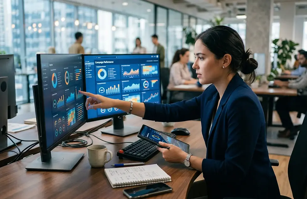 Modern bir ofis ortamında iki monitör üzerinde veri analizi ve kampanya performansı grafiklerini inceleyen profesyonel bir kadın analist.