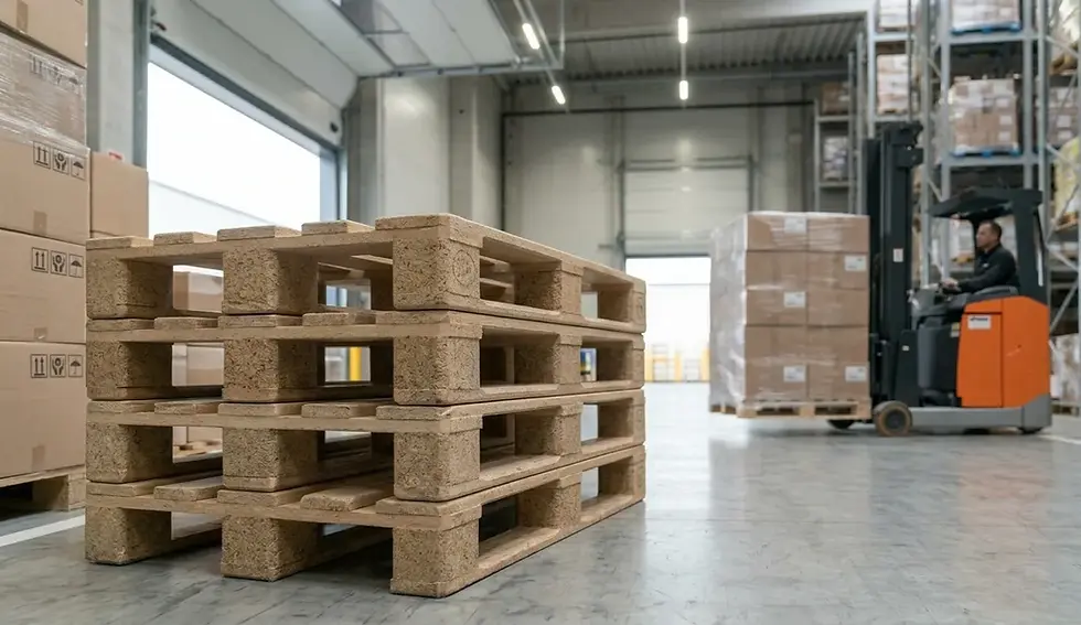 Ön plandaki dijital ekranda optimizasyon verileri bulunan, modern bir depoda istiflenmiş sıkıştırılmış ahşap elyaf paletleri ve forklift operasyonunu gösteren endüstriyel fotoğraf.
