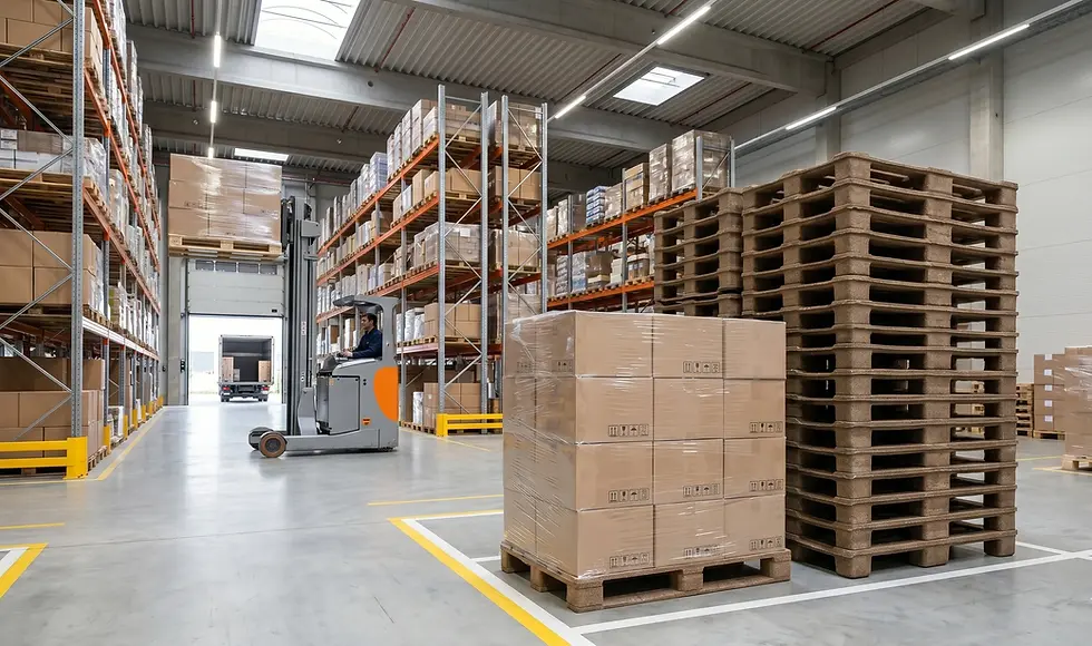 Depo lojistiğinde kullanılan iç içe geçebilir sıkıştırılmış ahşap elyaf palet yığını ve arkadaki forklift operasyonunu gösteren endüstriyel fotoğraf.