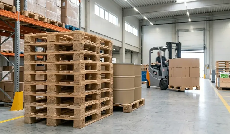 Modern lojistik deposu iç mekanında istiflenmiş sıkıştırılmış ahşap elyaf palet yığını, kağıt tamburlar ve hareket halindeki forklift.
