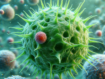 Vaccine (green) trains T cells (red) to attack cancer cells