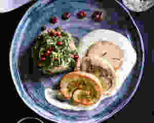 The denim swirl pattern of this plate really sets off the food