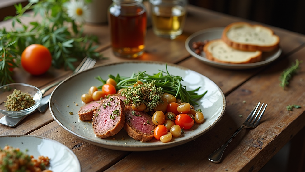 High angle view of a beautifully arranged farm-to-table meal on a rustic wooden table