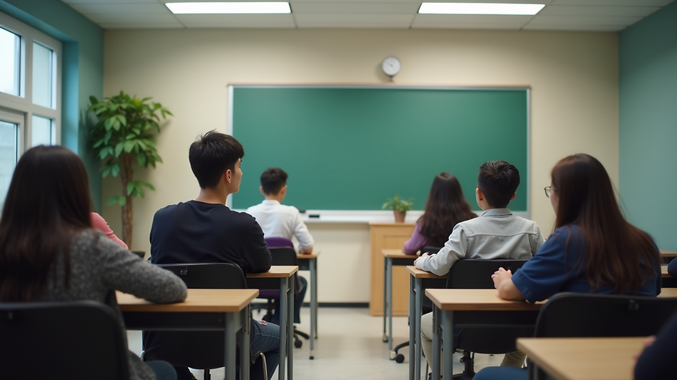 Eye-level view of a classroom with students practicing conversation