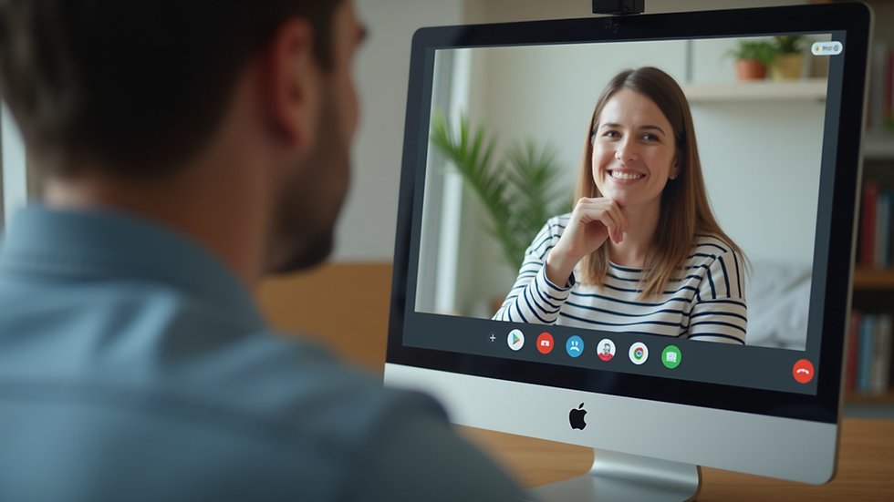 Eye-level view of a person speaking on a video call for language practice